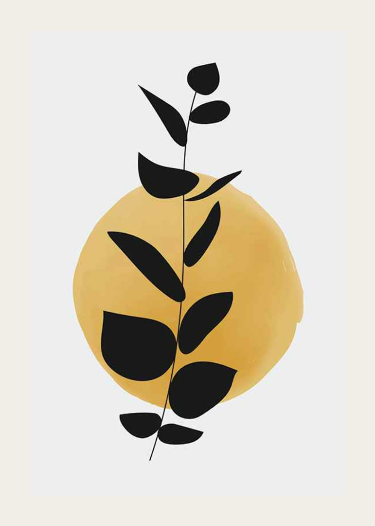 Branche abstraite avec des feuilles noires sur fond aquarelle jaune-12