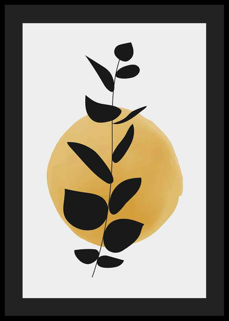 Branche abstraite avec des feuilles noires sur fond aquarelle jaune-12