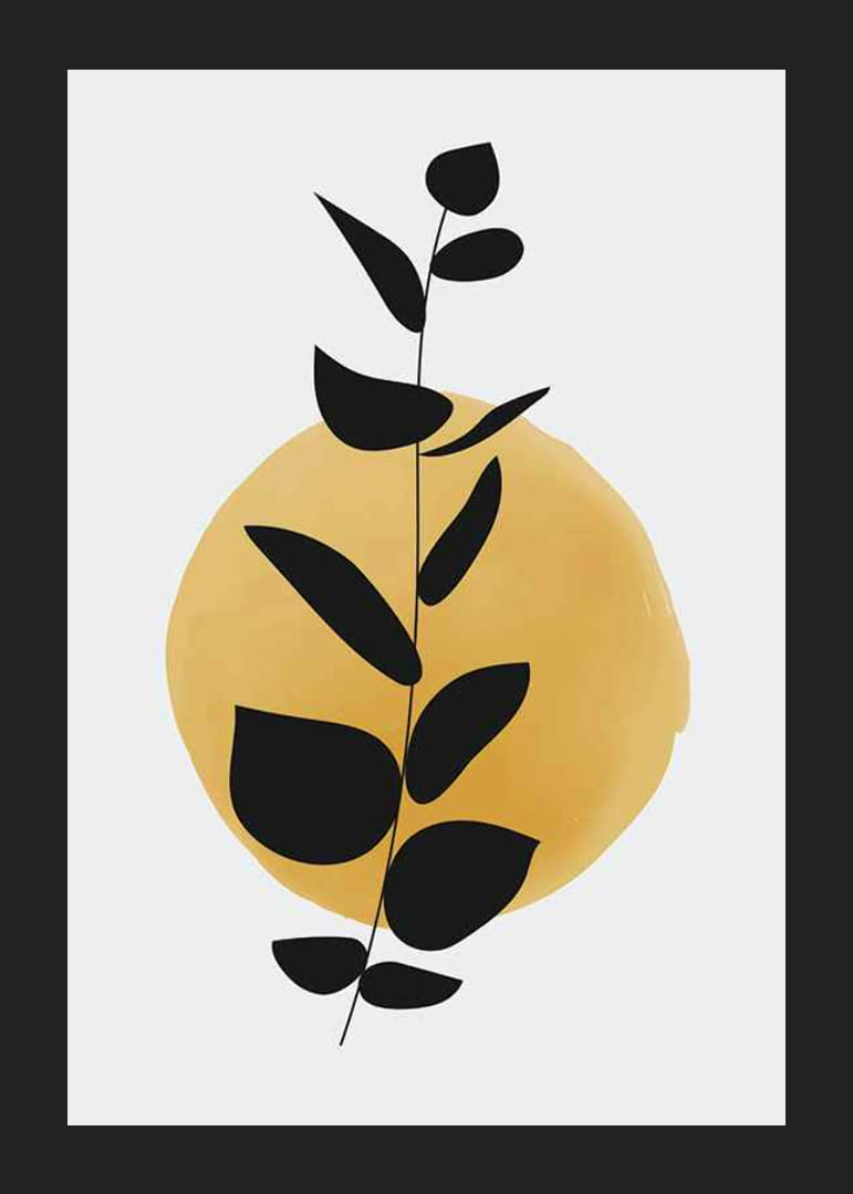 Branche abstraite avec des feuilles noires sur fond aquarelle jaune-12