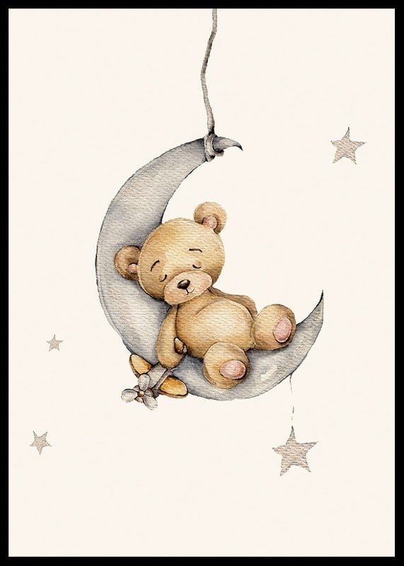 Watercolor illustration of sleeping teddy bear on crescent moon with stars-12