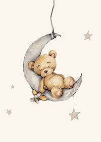 Watercolor illustration of sleeping teddy bear on crescent moon with stars-7
