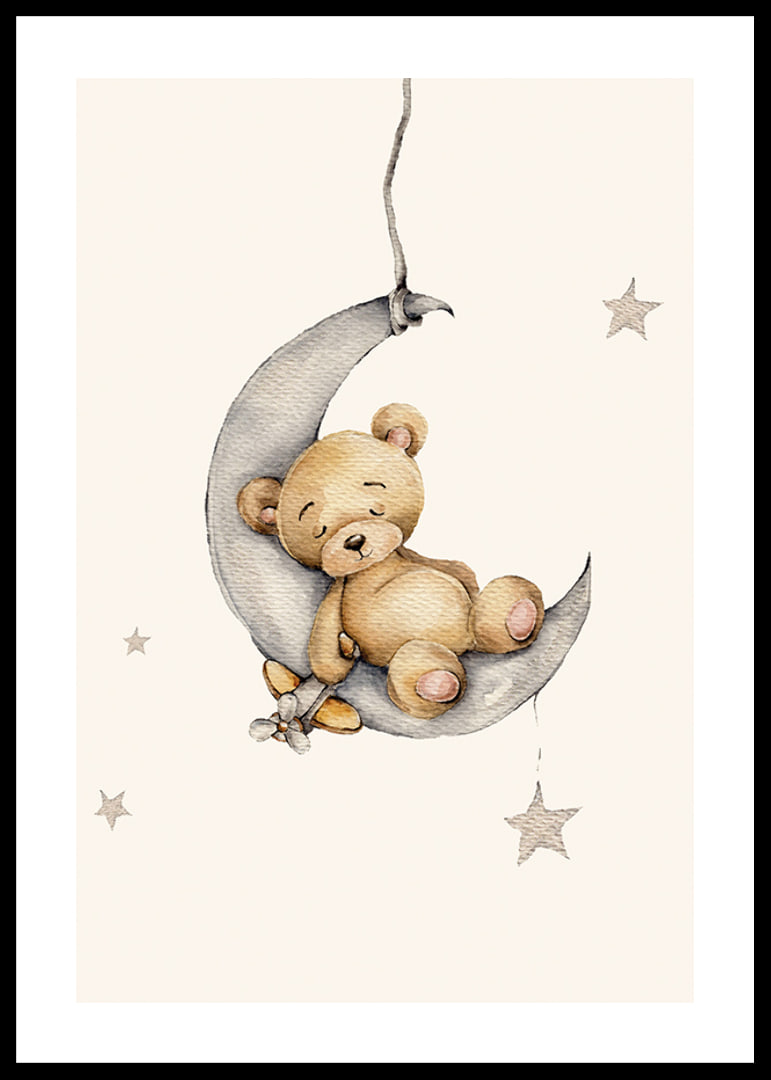 Watercolor illustration of sleeping teddy bear on crescent moon with stars-12