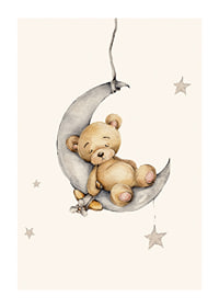 Watercolor illustration of sleeping teddy bear on crescent moon with stars-1