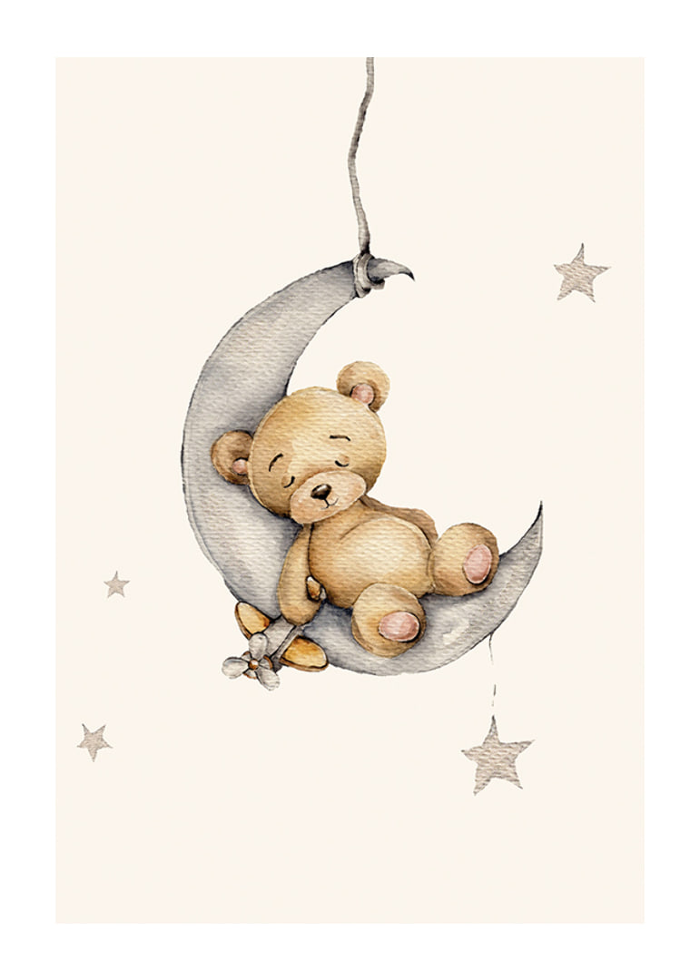 Watercolor illustration of sleeping teddy bear on crescent moon with stars-12