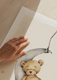 Watercolor illustration of sleeping teddy bear on crescent moon with stars-9