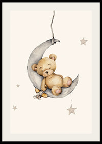 Watercolor illustration of sleeping teddy bear on crescent moon with stars-2
