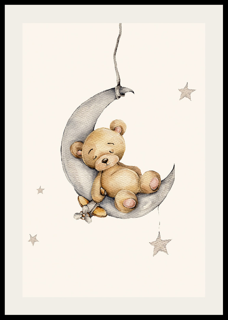 Watercolor illustration of sleeping teddy bear on crescent moon with stars-12