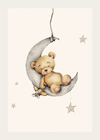 Watercolor illustration of sleeping teddy bear on crescent moon with stars-3