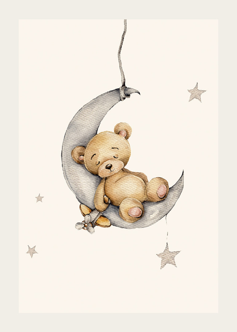 Watercolor illustration of sleeping teddy bear on crescent moon with stars-12