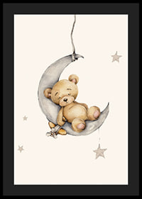 Watercolor illustration of sleeping teddy bear on crescent moon with stars-4