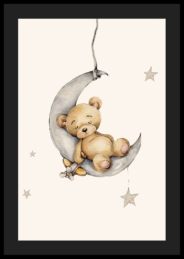 Watercolor illustration of sleeping teddy bear on crescent moon with stars-12