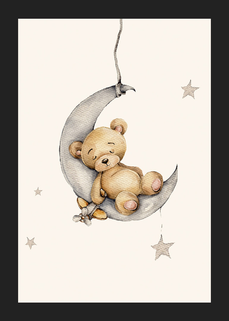 Watercolor illustration of sleeping teddy bear on crescent moon with stars-12