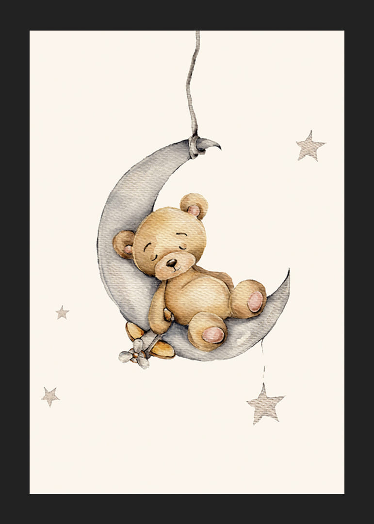 Illustrazione ad acquerello di un orsacchiotto addormentato su una luna crescente con stelle-12