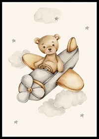 Watercolor illustration of teddy bear flying airplane among clouds-6