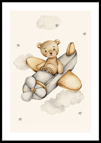 Watercolor illustration of teddy bear flying airplane among clouds-0