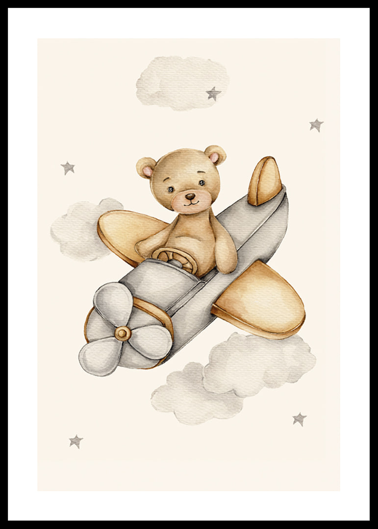Watercolor illustration of teddy bear flying airplane among clouds-12