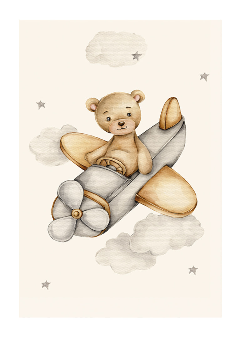 Watercolor illustration of teddy bear flying airplane among clouds-12