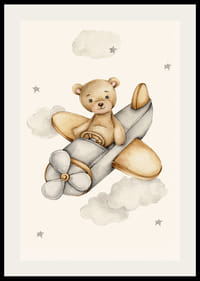 Aquarell-Illustration eines Teddybären, der zwischen Wolken ein Flugzeug fliegt-2