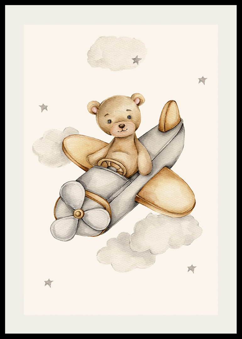 Aquarell-Illustration eines Teddybären, der zwischen Wolken ein Flugzeug fliegt-12