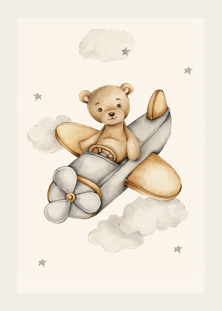 Aquarell-Illustration eines Teddybären, der zwischen Wolken ein Flugzeug fliegt-12