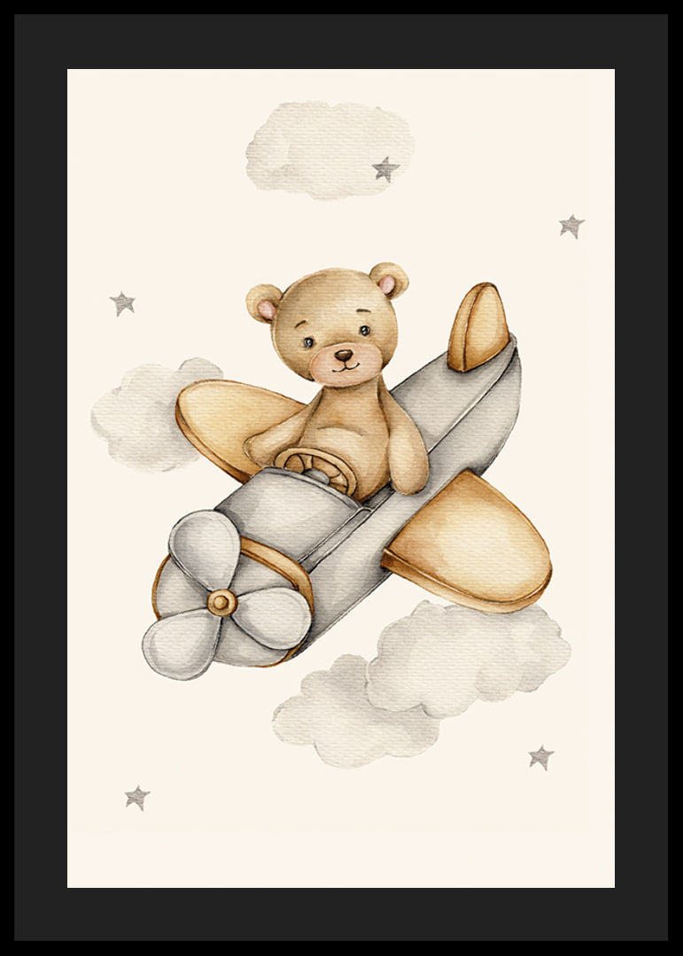 Watercolor illustration of teddy bear flying airplane among clouds-12