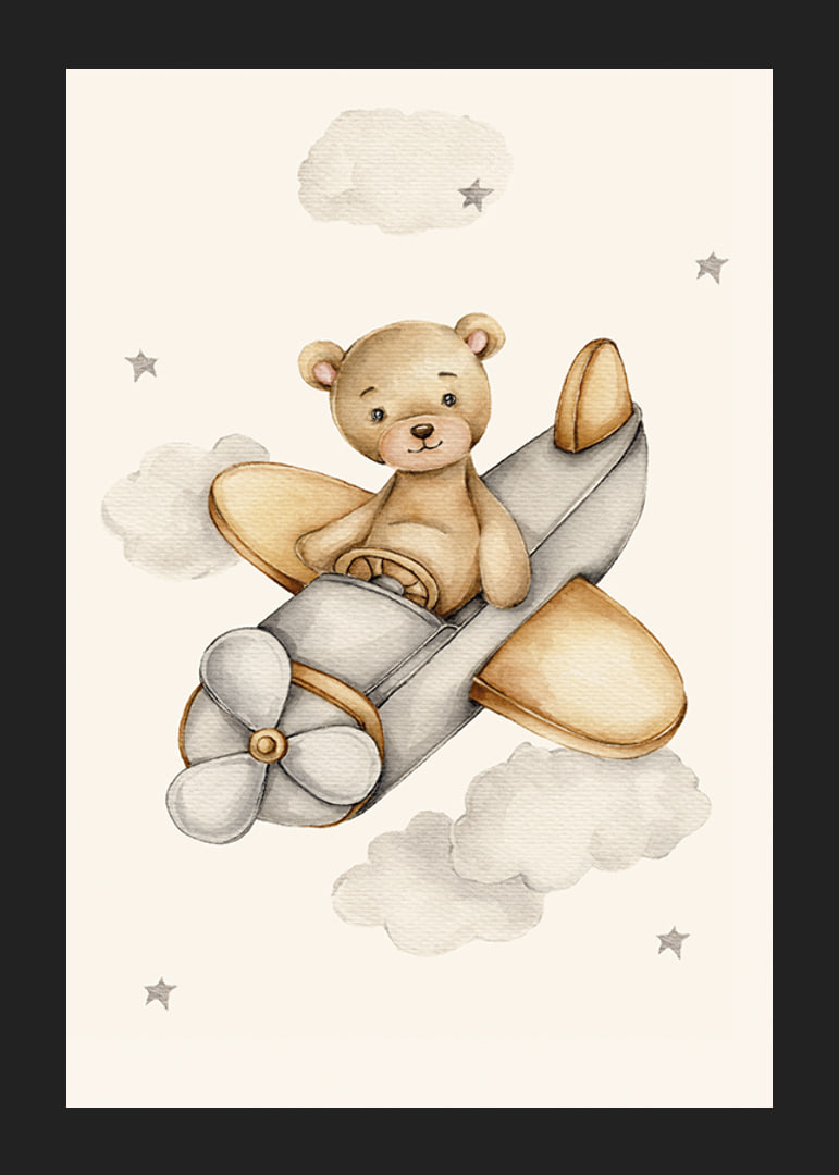 Watercolor illustration of teddy bear flying airplane among clouds-12