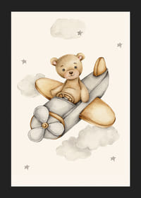 Aquarell-Illustration eines Teddybären, der zwischen Wolken ein Flugzeug fliegt-5