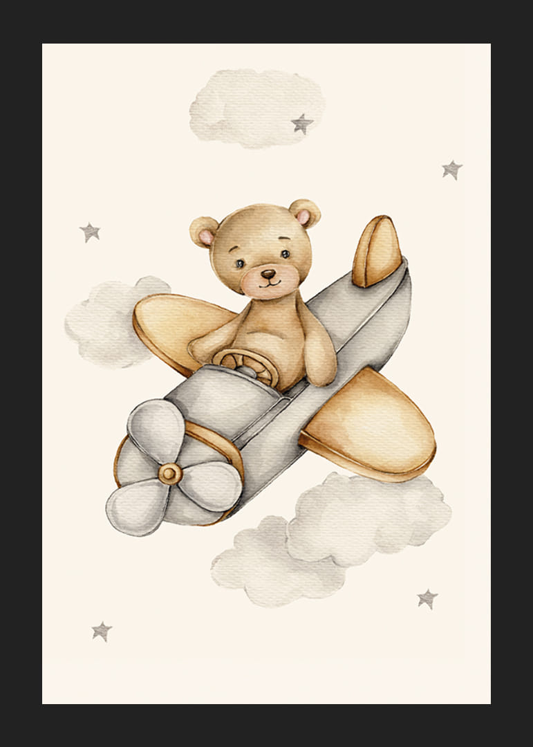 Aquarell-Illustration eines Teddybären, der zwischen Wolken ein Flugzeug fliegt-12