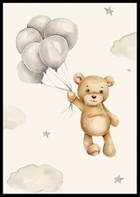 Akvarellillustration av nalle med ballonger bland moln-6