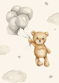 Akvarellillustration av nalle med ballonger bland moln-7