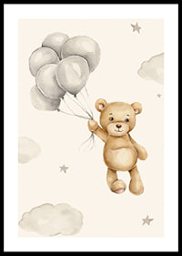 Akvarellillustration av nalle med ballonger bland moln-0