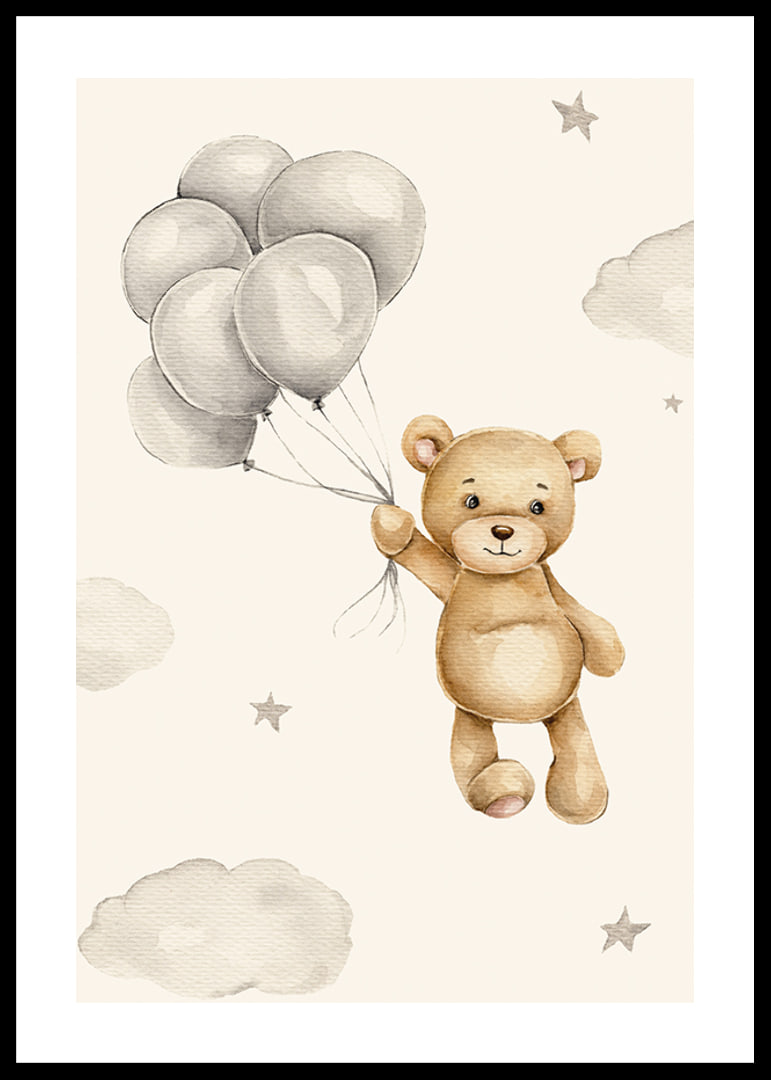 Akvarellillustration av nalle med ballonger bland moln-12