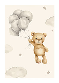 Akvarellillustration av nalle med ballonger bland moln-1