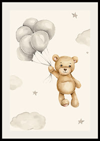 Akvarellillustration av nalle med ballonger bland moln-2