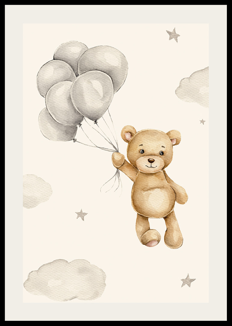 Akvarellillustration av nalle med ballonger bland moln-12