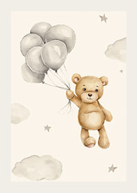 Akvarellillustration av nalle med ballonger bland moln-3