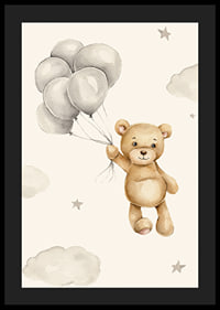 Akvarellillustration av nalle med ballonger bland moln-4