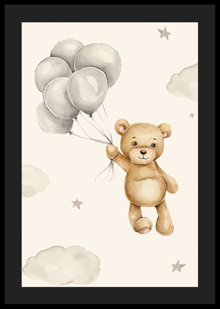 Akvarellillustration av nalle med ballonger bland moln-12