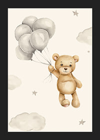 Akvarellillustration av nalle med ballonger bland moln-5