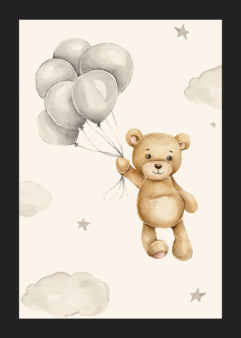 Akvarellillustration av nalle med ballonger bland moln-12