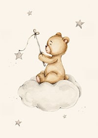 Akvarel illustration af bamse på sky med stjerner-7