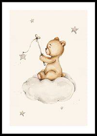 Akvarel illustration af bamse på sky med stjerner-0