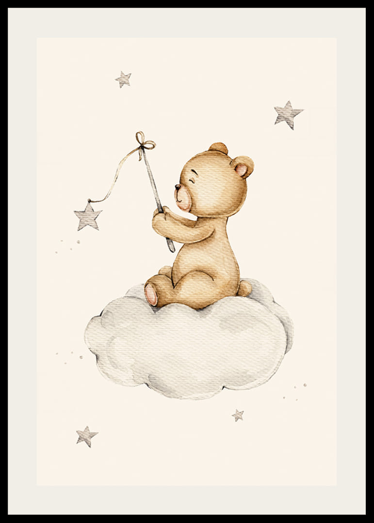 Akvarel illustration af bamse på sky med stjerner-12