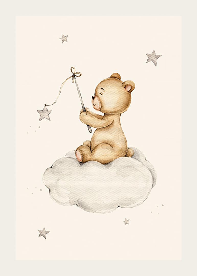 Akvarel illustration af bamse på sky med stjerner-12