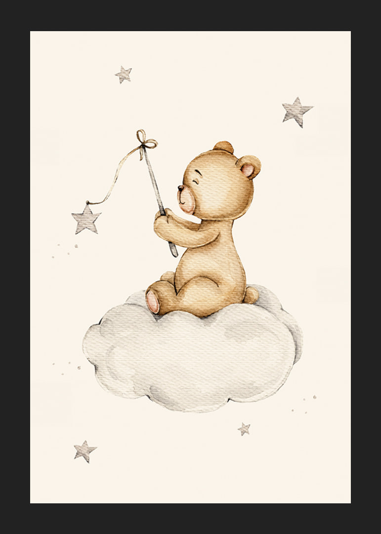 Akvarel illustration af bamse på sky med stjerner-12