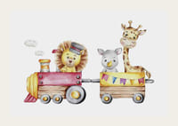 Akvarelová ilustrácia leva, nosorožca a žirafy vo vlaku-3