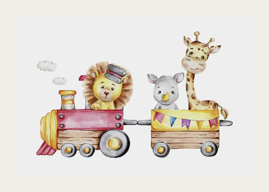 Akvarelová ilustrácia leva, nosorožca a žirafy vo vlaku-12
