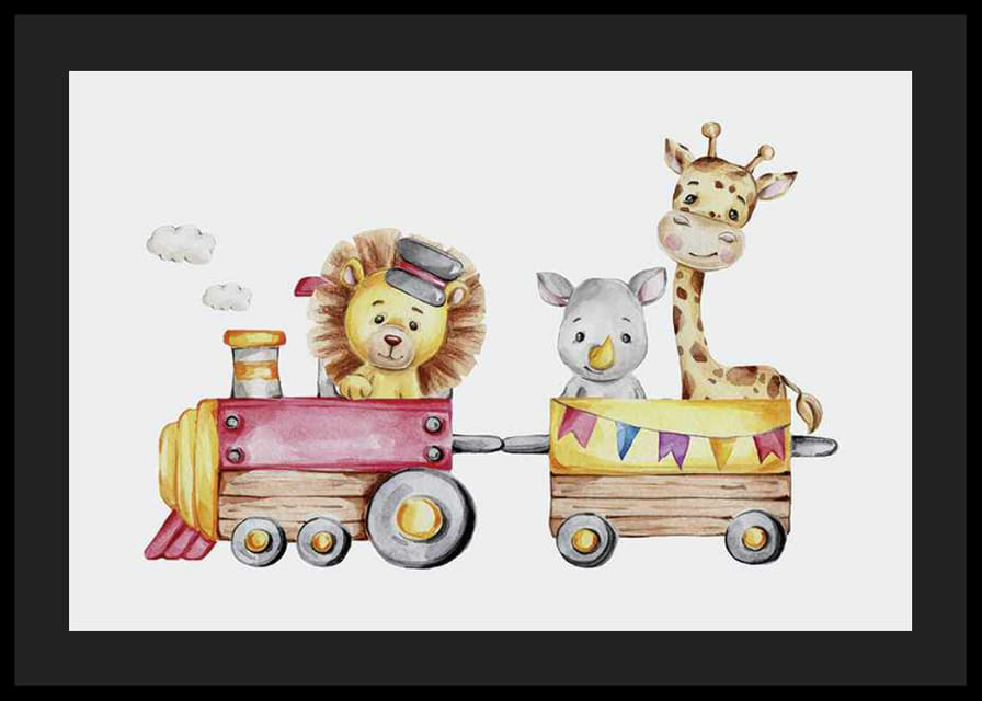 Akvarelová ilustrácia leva, nosorožca a žirafy vo vlaku-12