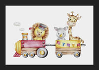 Akvarelová ilustrácia leva, nosorožca a žirafy vo vlaku-5