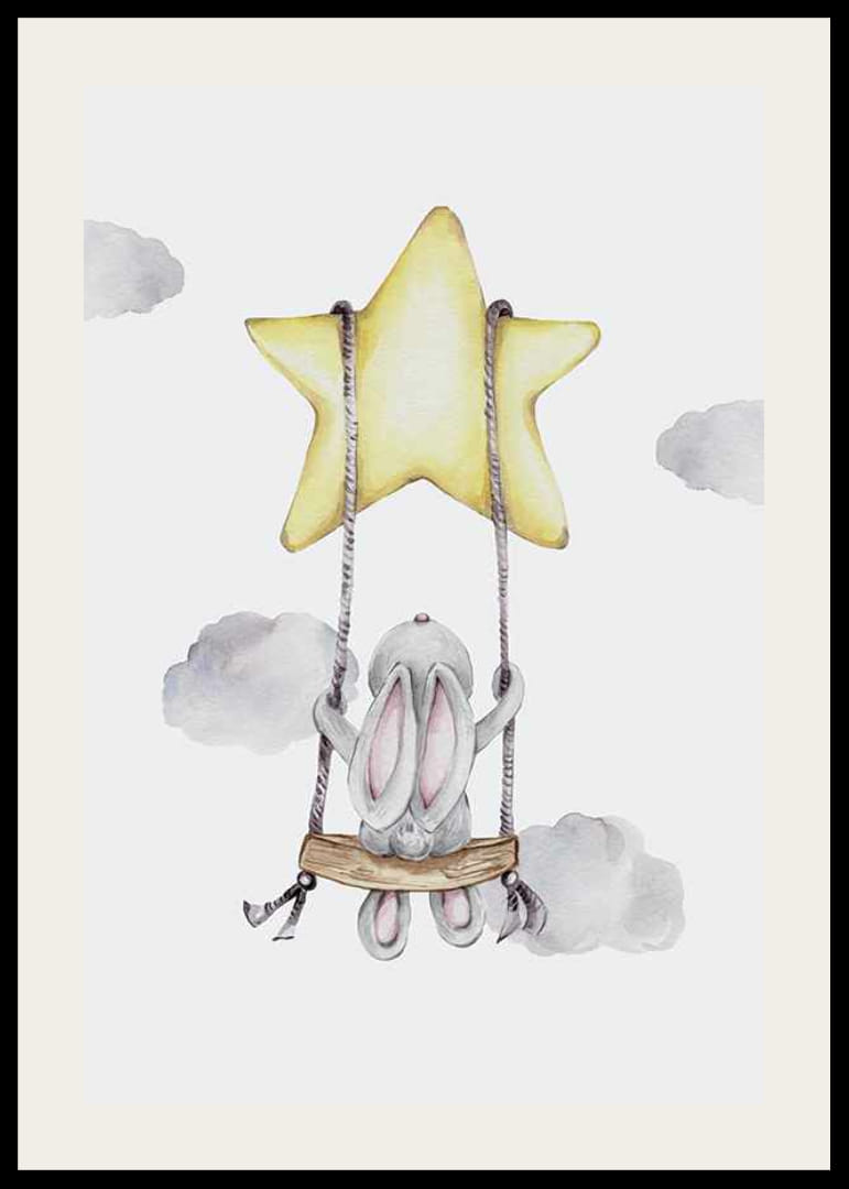 Aquarelillustratie van konijn op schommel hangend in ster-12